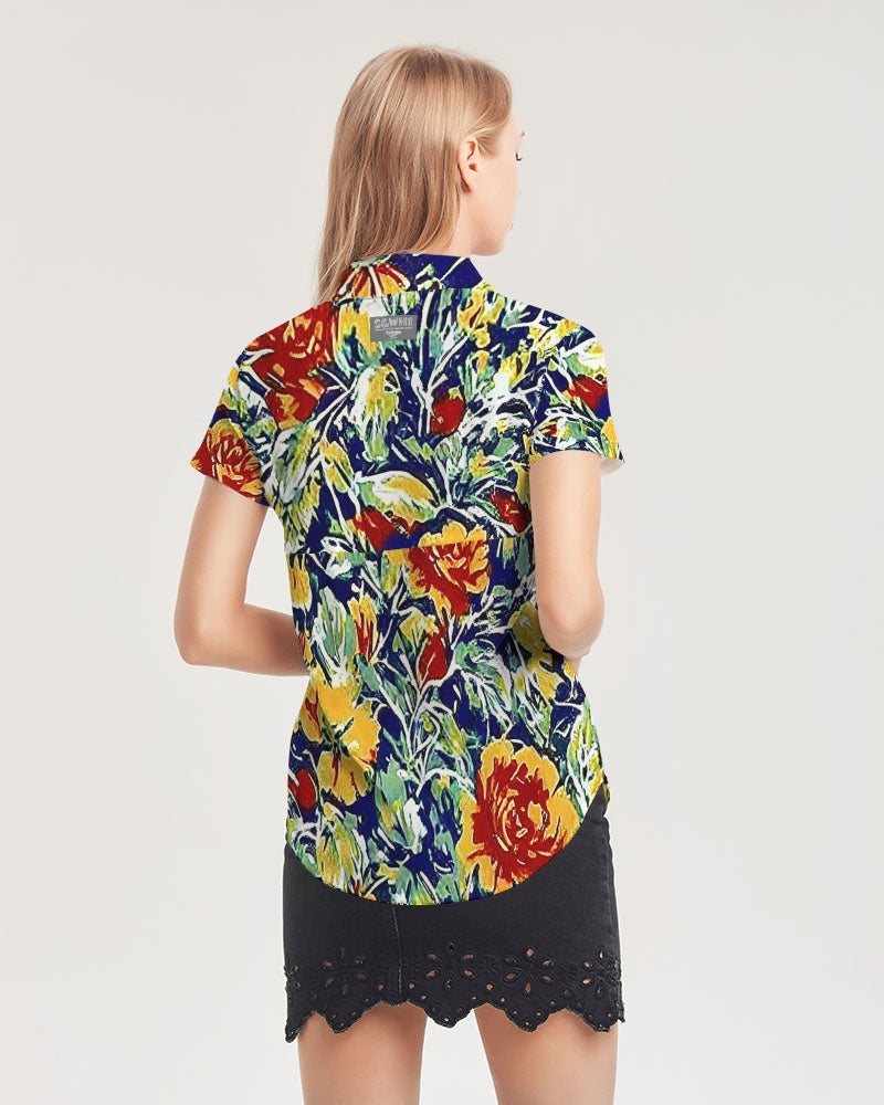 Painted floor design Women's All-Over Print Short Sleeve Button Up