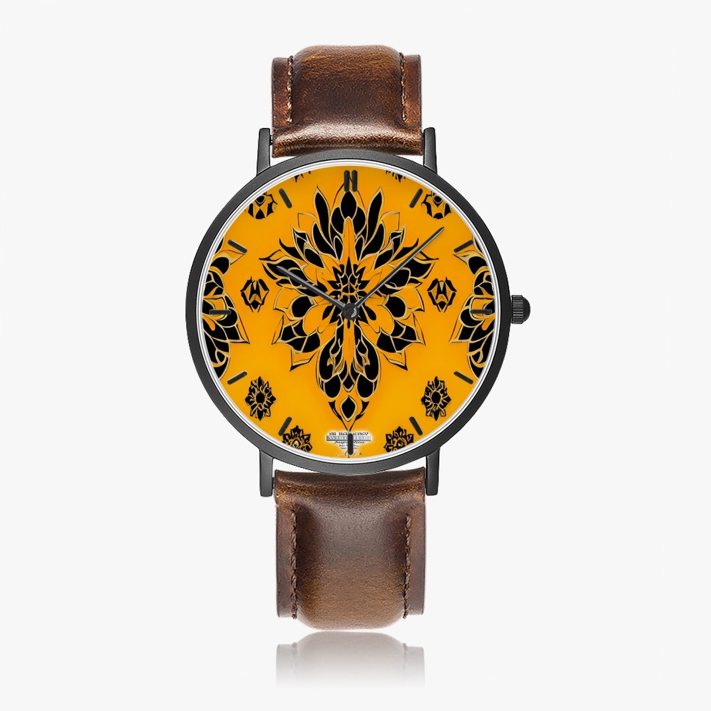 Orange and black royal pattern Hot Selling Ultra-Thin Leather Strap Quartz Watch (Black With Indicators)