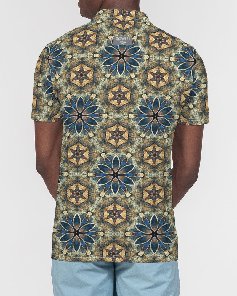 Green & Dark Blue almost star pattern. Men's All-Over Print Slim Fit Short Sleeve Polo