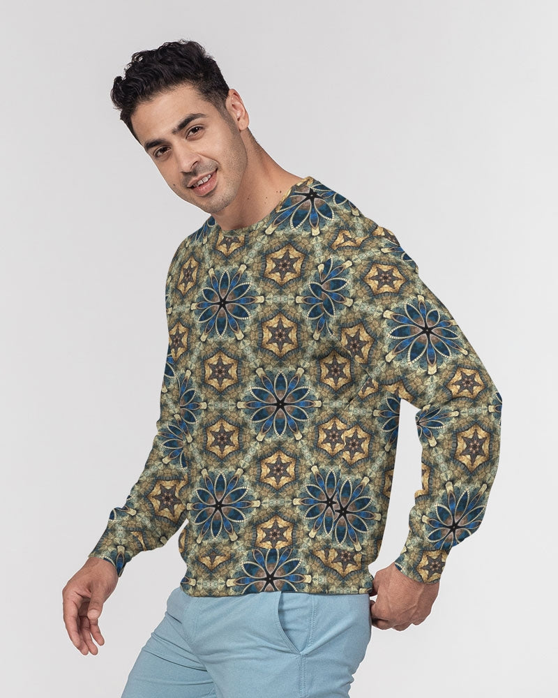 Green & Dark Blue almost star pattern. Men's All-Over Print Classic French Terry Crewneck Pullover