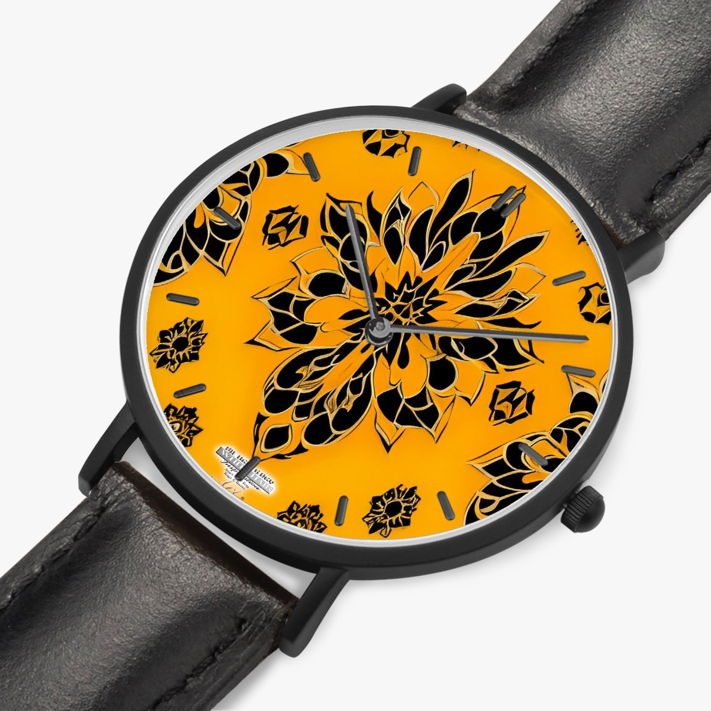 Orange and black royal pattern Hot Selling Ultra-Thin Leather Strap Quartz Watch (Black With Indicators)