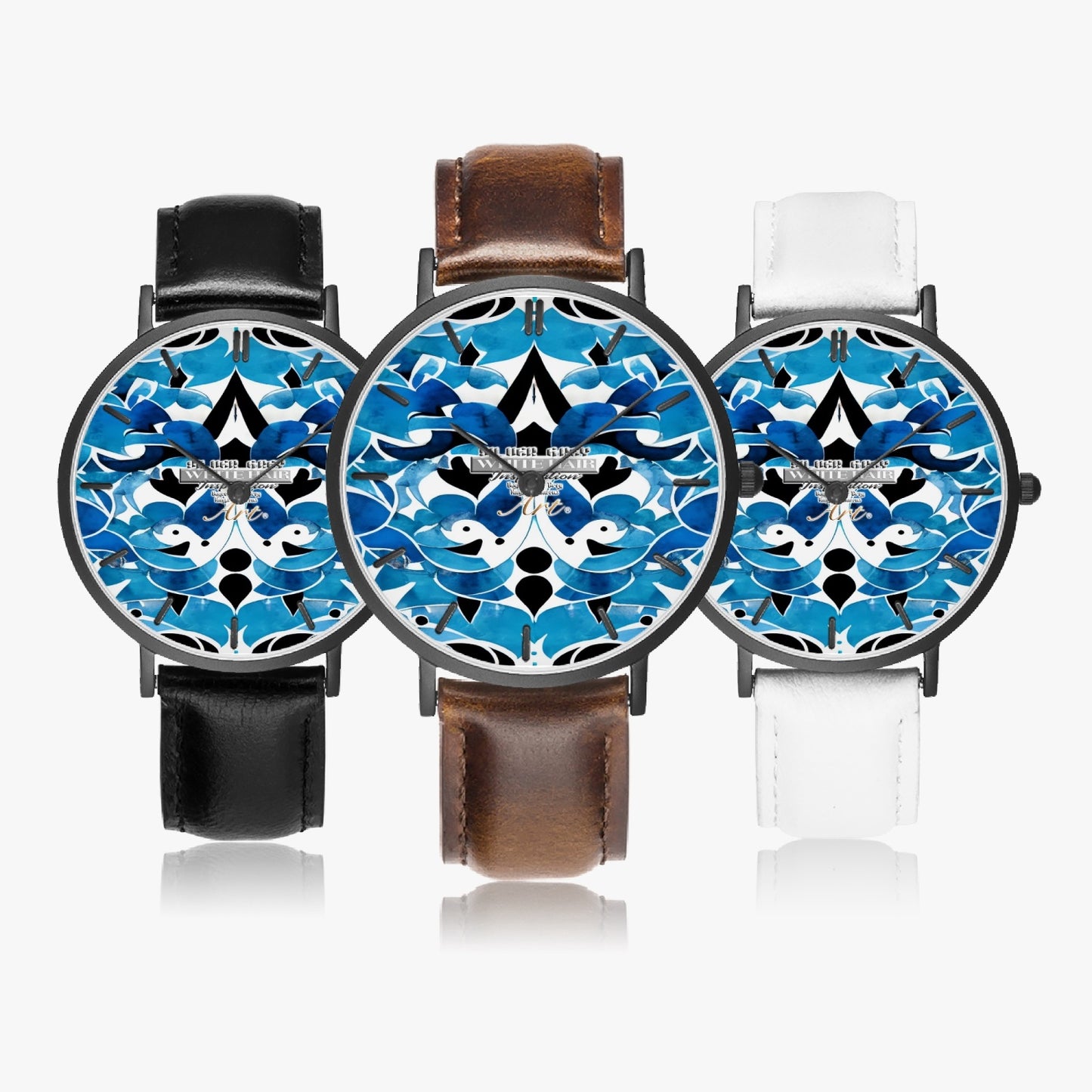 Blue abstract pattern Hot Selling Ultra-Thin Leather Strap Quartz Watch (Black With Indicators)