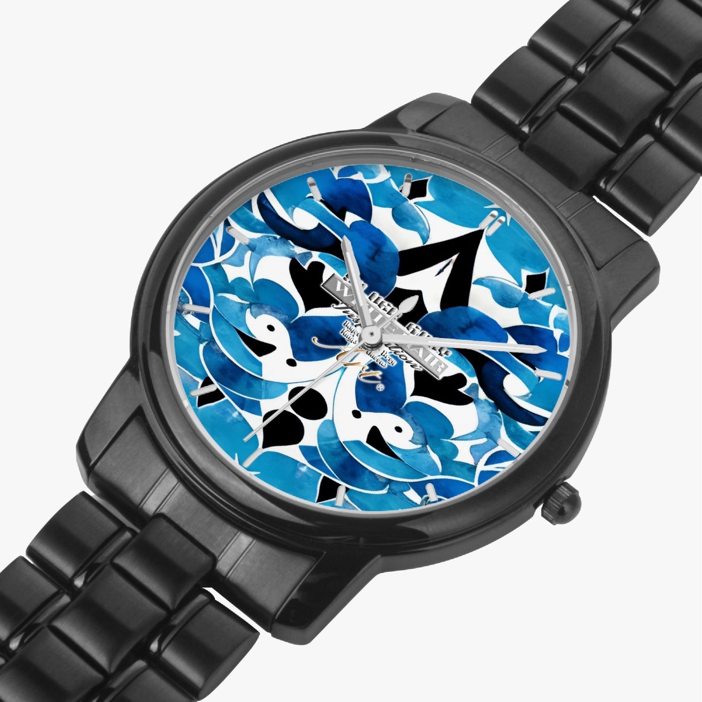 Silver grey white hair inspiration Blue abstract pattern Folding Clasp Type Stainless Steel Quartz Watch (With Indicators)