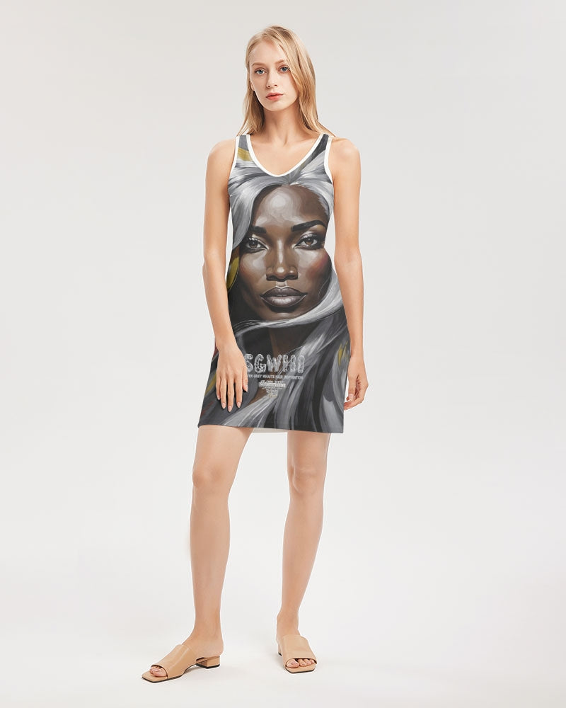 Black Sister Collection [Part 1 ] Women's All-Over PrintRib Knit V Neck Mini Dress