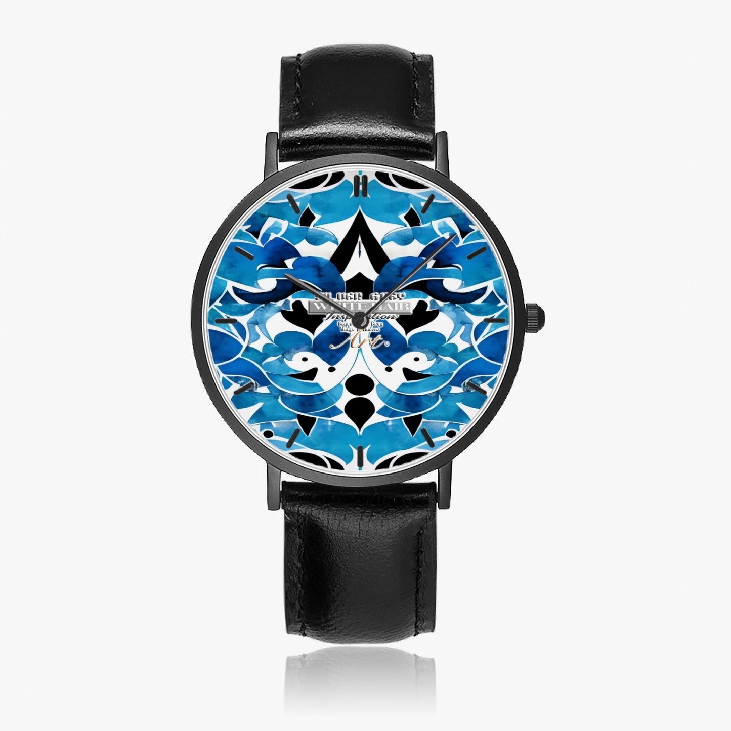 Blue abstract pattern Hot Selling Ultra-Thin Leather Strap Quartz Watch (Black With Indicators)