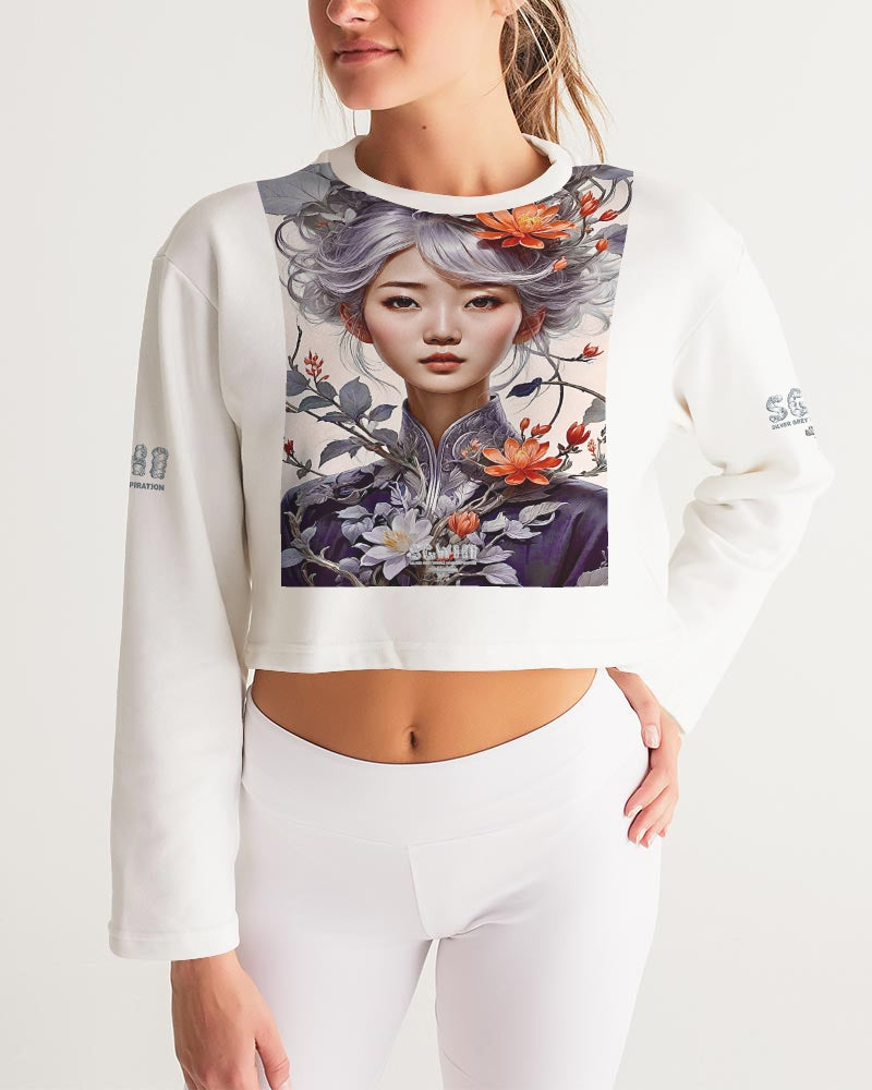 Beautiful Asian woman grey hair blossom Women's All-Over Print Cropped Sweatshirt