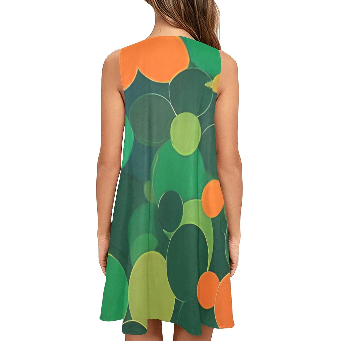 Orange and green ball pattern Sleeveless A-Line Pocket Dress (D57)