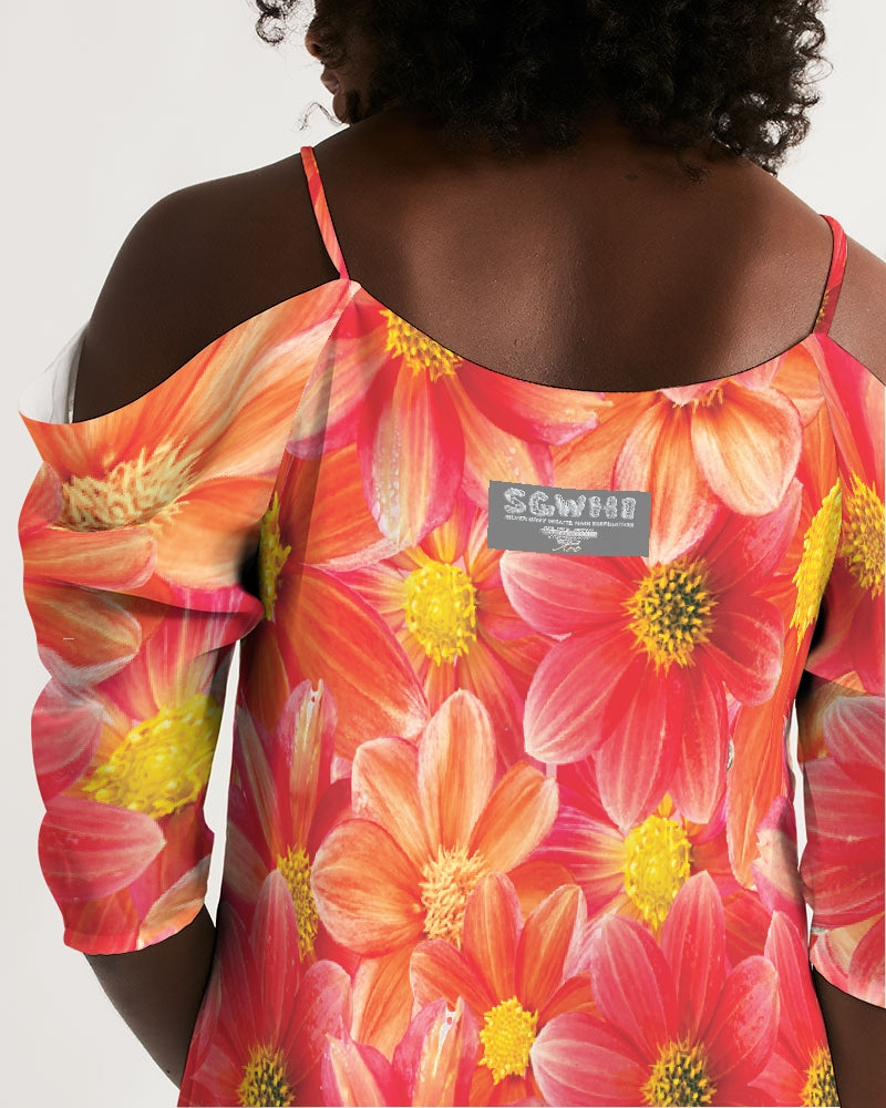 Beautiful blood orange flower design Women's All-Over Print Open Shoulder A-Line Dress