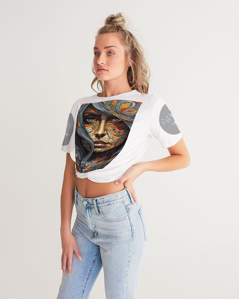 Beautiful Mosaic White Sister  Women's All-Over Print Twist-Front Cropped Tee