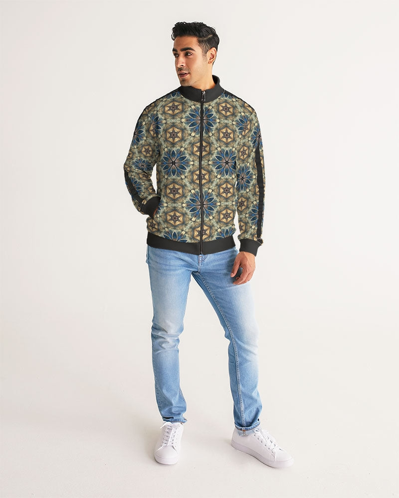 Green & Dark Blue almost star pattern. Men's All-Over Print Stripe Sleeve Track Jacket