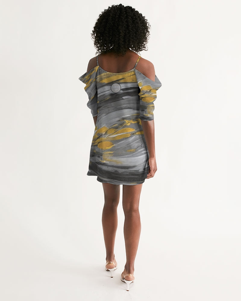 Black Sister Collection [Part 1 ] Women's All-Over Print Open Shoulder A-Line Dress