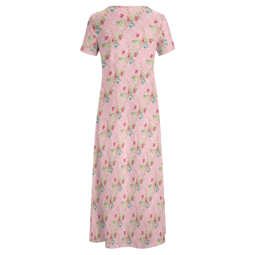 Pink butterfly Round Neck Short Sleeve Dress (No Pockets)