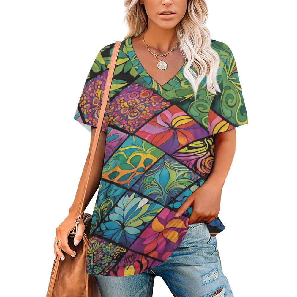 2024 New V Neck Short-sleeve Women Shirt Printed