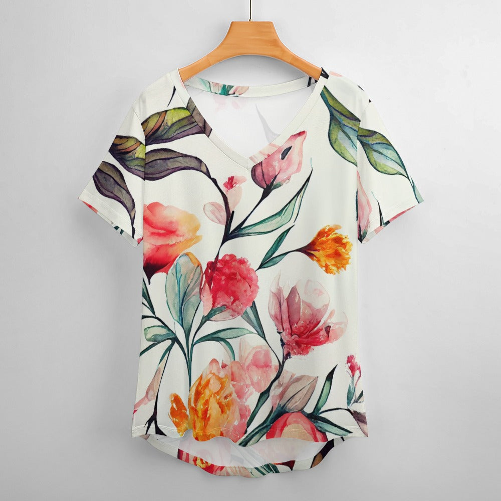 2024 New V Neck Short-sleeve Women Shirt Printed