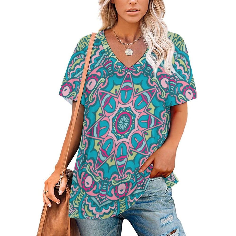 2024 New V Neck Short-sleeve Women Shirt Printed