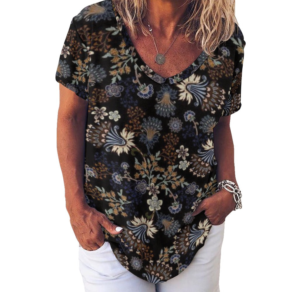 2024 New V Neck Short-sleeve Women Shirt Printed