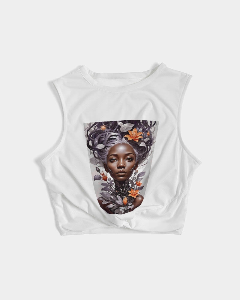 Beautiful black silver grey hair blossom women Women's  All-Over Print Twist-Front Tank