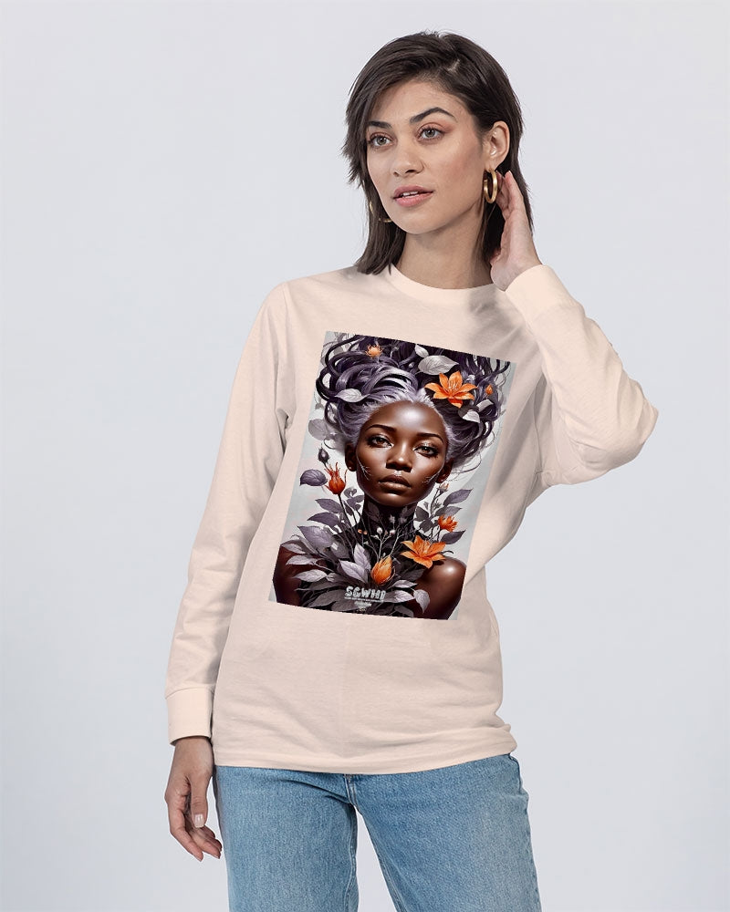 Beautiful black silver grey hair blossom women Unisex Long Sleeve Tee | Lane Seven