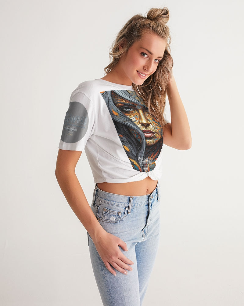 Beautiful Mosaic White Sister  Women's All-Over Print Twist-Front Cropped Tee