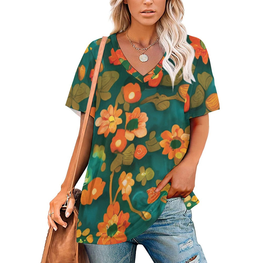 2024 New V Neck Short-sleeve Women Shirt Printed