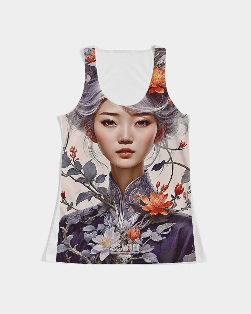 Beautiful Asian woman grey hair blossom Women's All-Over Print Tank