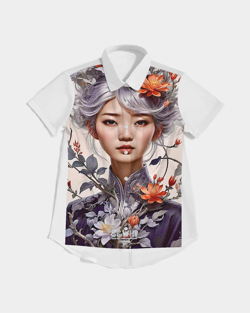 Beautiful Asian woman grey hair blossom Women's All-Over Print Short Sleeve Button Up