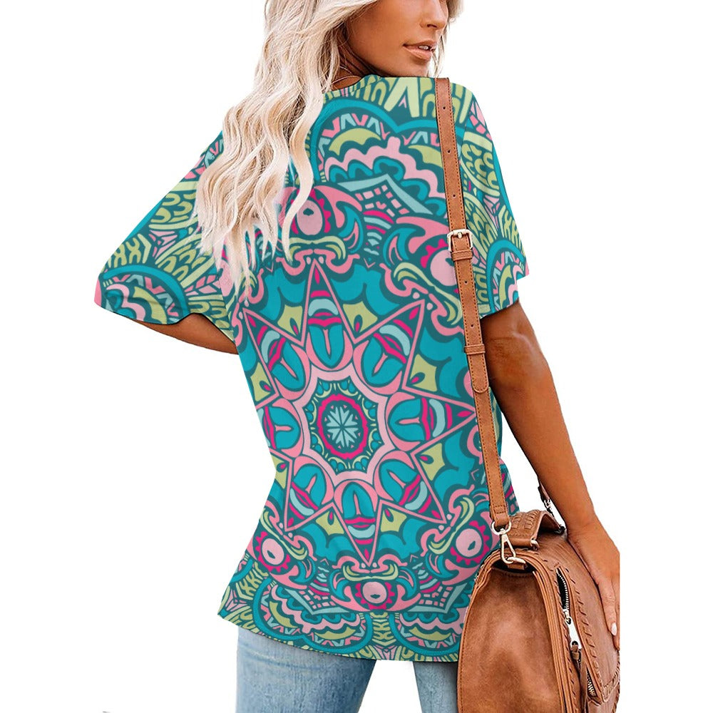 2024 New V Neck Short-sleeve Women Shirt Printed