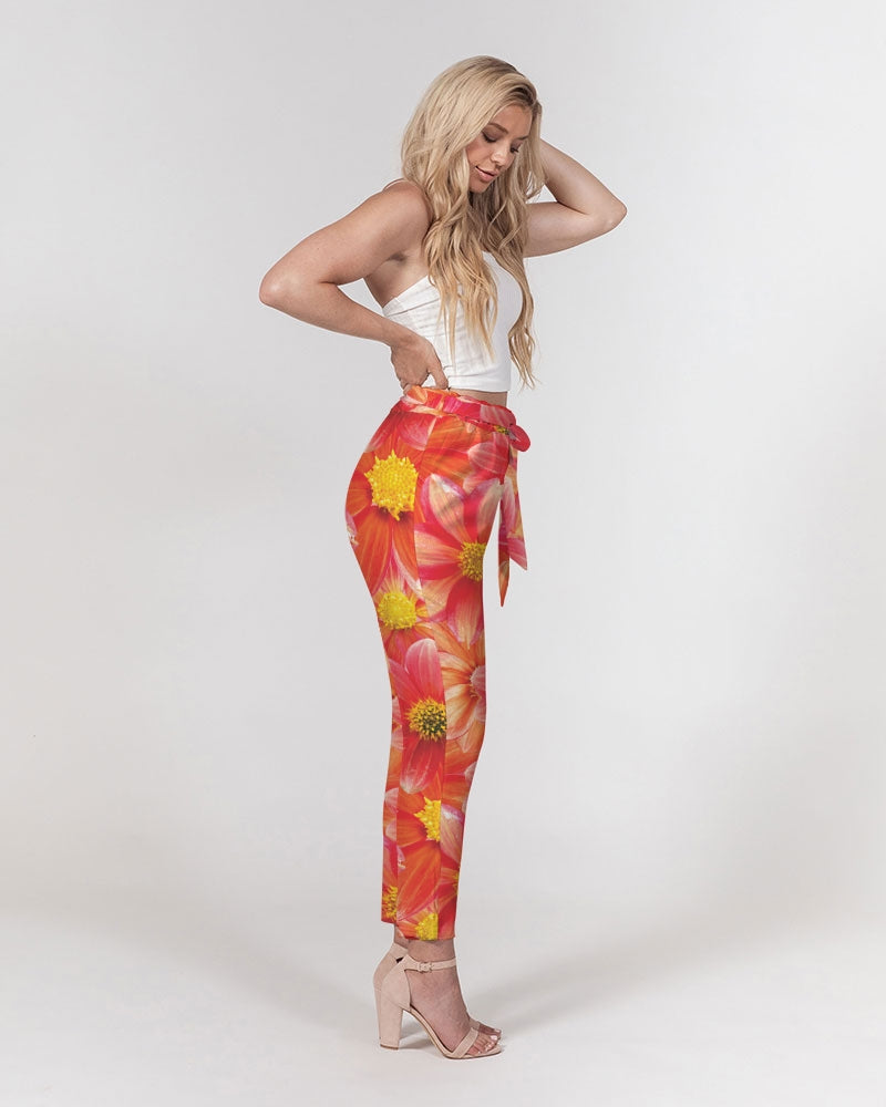 Beautiful blood orange flower design Women's All-Over Print Belted Tapered Pants