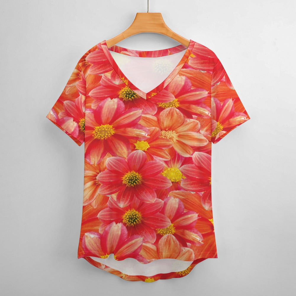 2024 New V Neck Short-sleeve Women Shirt Printed