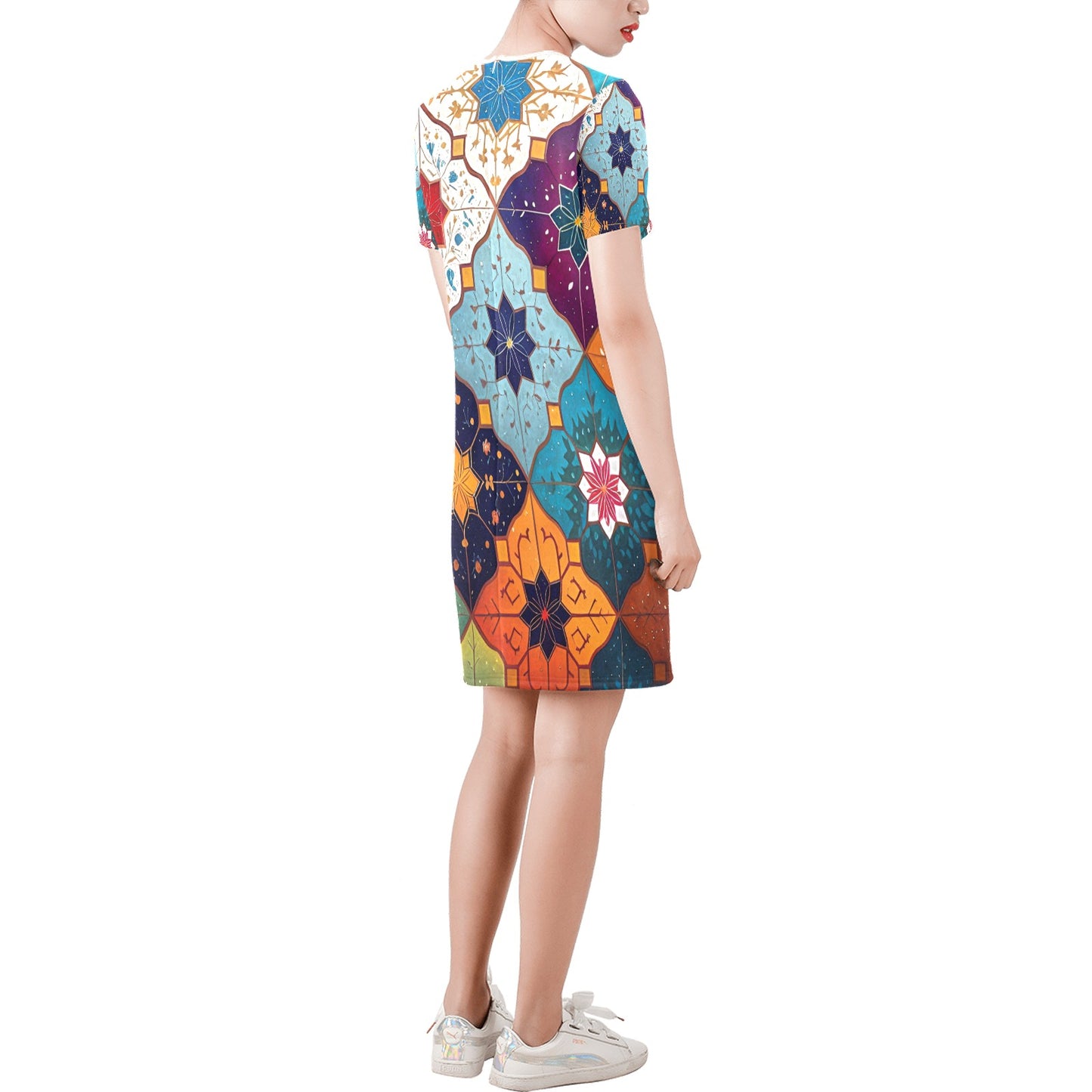 Short-Sleeve Round Neck A-Line Dress (Model D47)