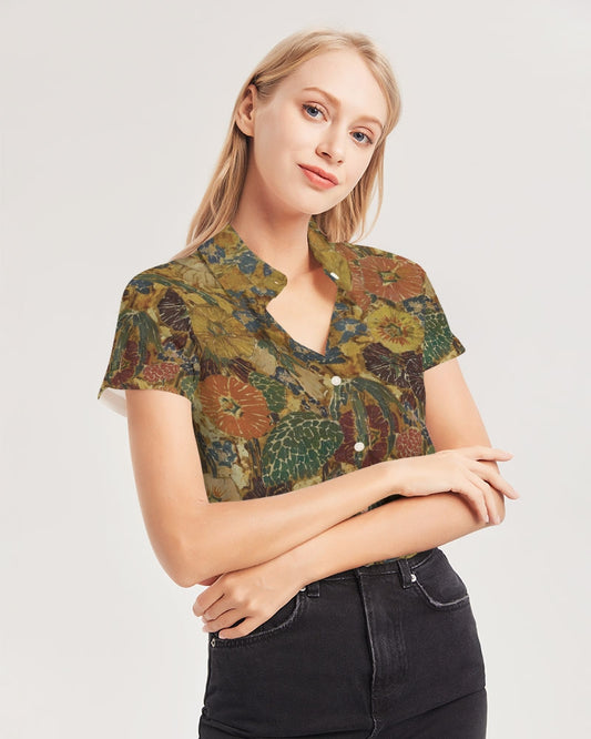 Autumn play Women's All-Over Print Short Sleeve Button Up