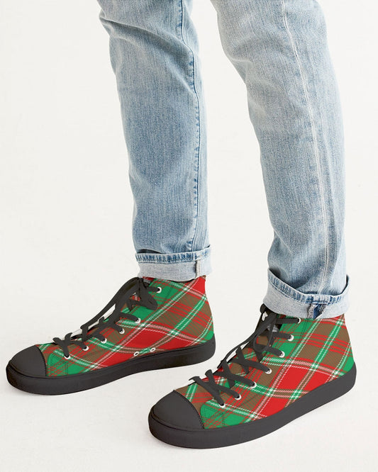 Red & Green cross pattern Men's Hightop Canvas Shoe - Black