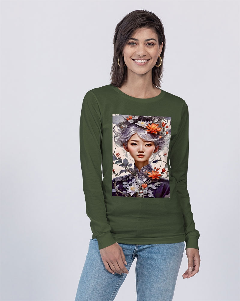 Beautiful Asian woman grey hair blossom Unisex Jersey Long Sleeve Tee | Bella + Canvas