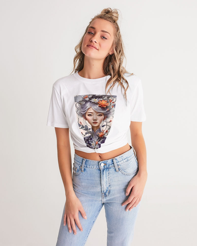 Beautiful Asian woman grey hair blossom Women's All-Over Print Twist-Front Cropped Tee