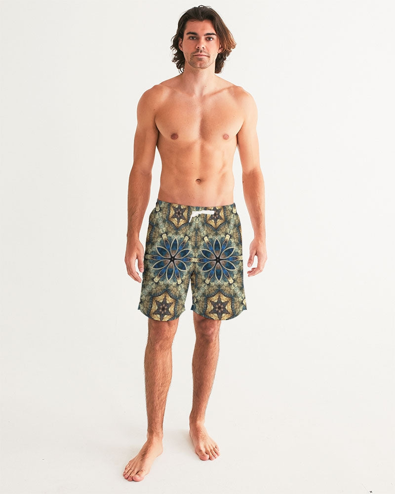 Green & Dark Blue almost star pattern. Men's All-Over Print Swim Trunk