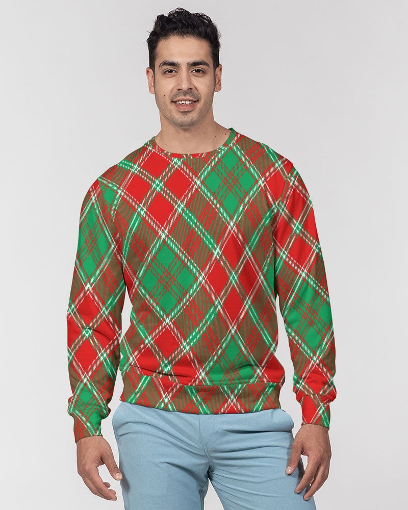 Red & Green cross pattern Men's All-Over Print Classic French Terry Crewneck Pullover