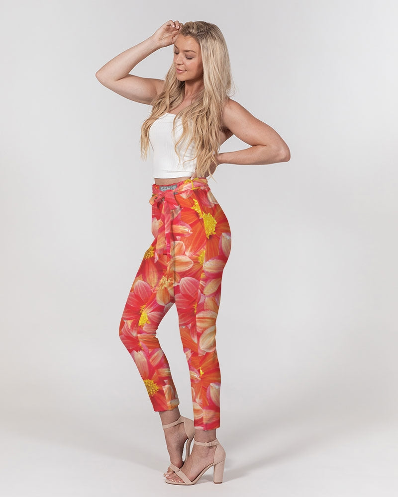 Beautiful blood orange flower design Women's All-Over Print Belted Tapered Pants