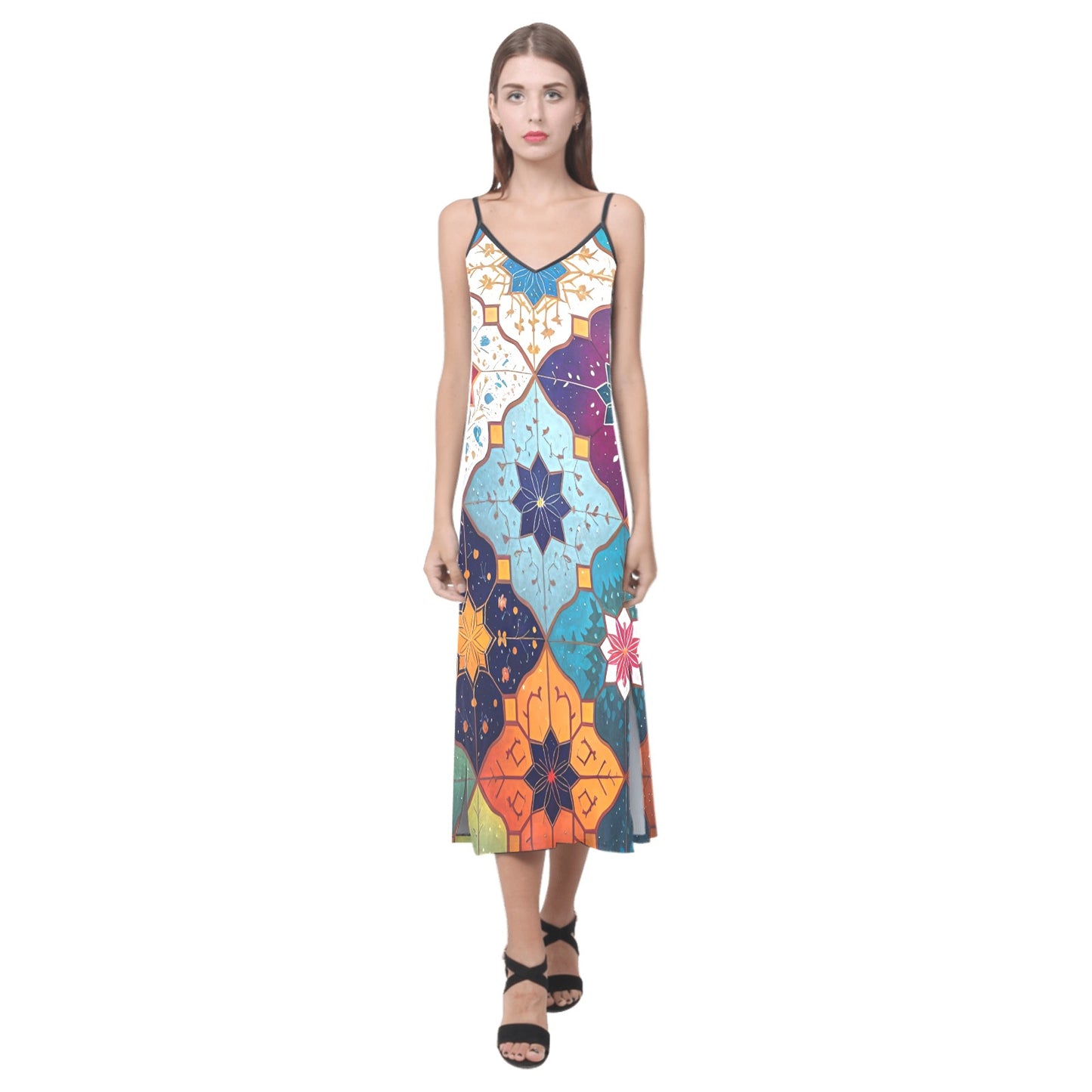 Women's V-Neck Open Fork Long Dress (Model D18)