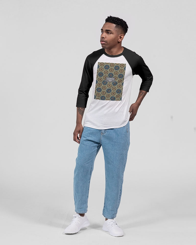 Green & Dark Blue almost star pattern. Unisex Three-Quarter Sleeve Baseball Tee | Bella + Canvas