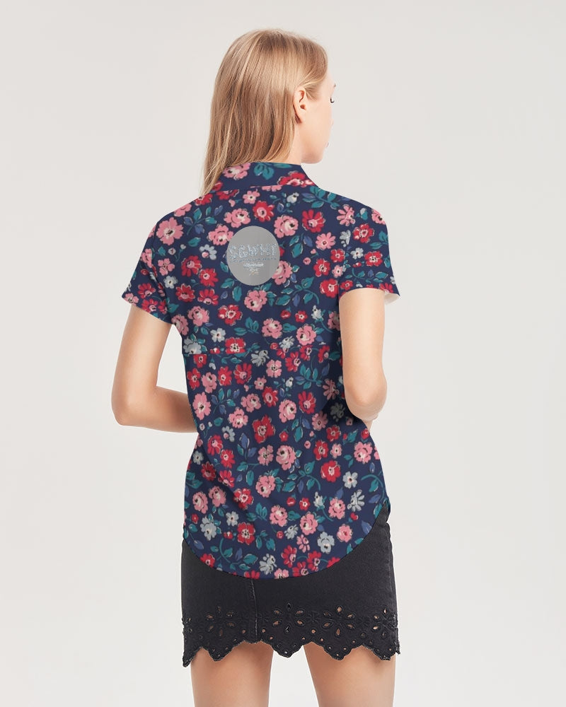 Midnight blue pretty glance.  Women's All-Over Print Short Sleeve Button Up