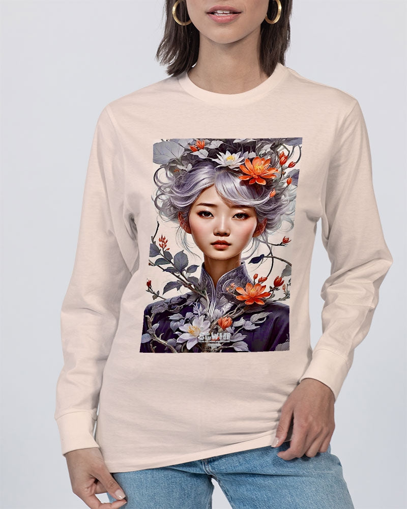 Beautiful Asian woman grey hair blossom Unisex Long Sleeve Tee | Lane Seven