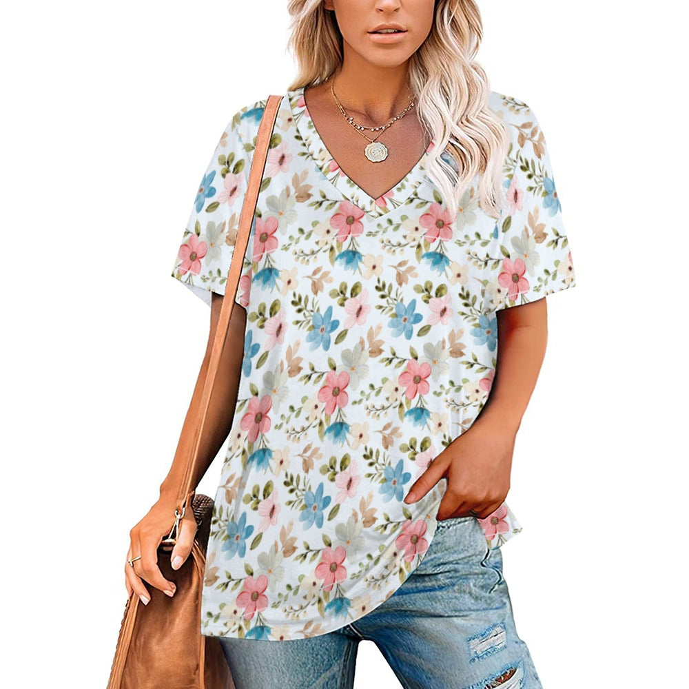 2024 New V Neck Short-sleeve Women Shirt Printed