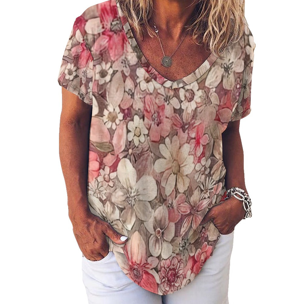 2024 New V Neck Short-sleeve Women Shirt Printed