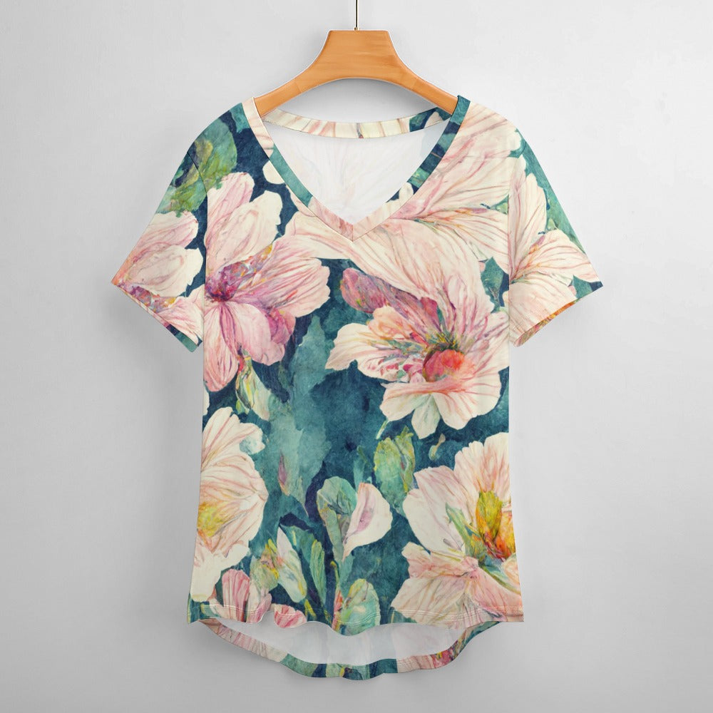 2024 New V Neck Short-sleeve Women Shirt Printed