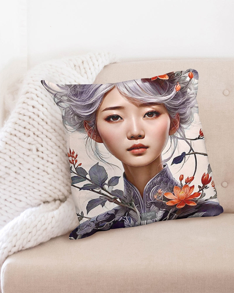 Beautiful Asian woman grey hair blossom Throw Pillow Case 20"x20"