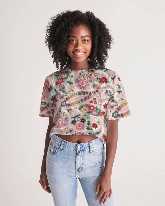 Pink abstract Pretty Sisters Women's All-Over Print Lounge Cropped Tee