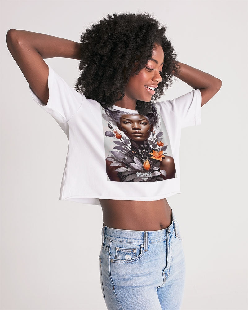 Beautiful black silver grey hair blossom women Women's All-Over Print Lounge Cropped Tee