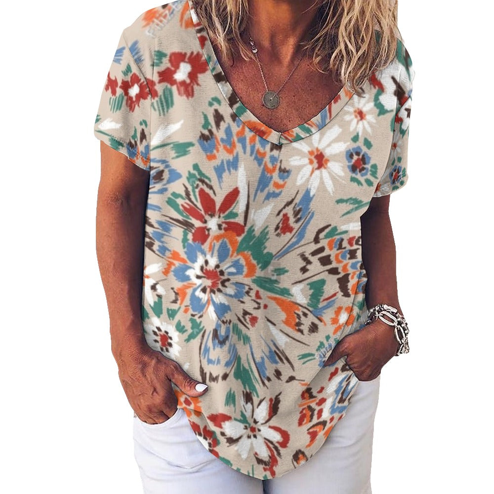 2024 New V Neck Short-sleeve Women Shirt Printed