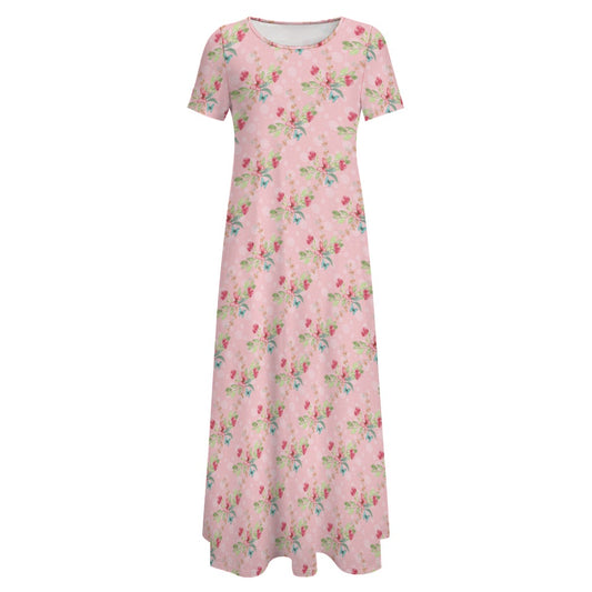 Pink butterfly Round Neck Short Sleeve Dress (No Pockets)