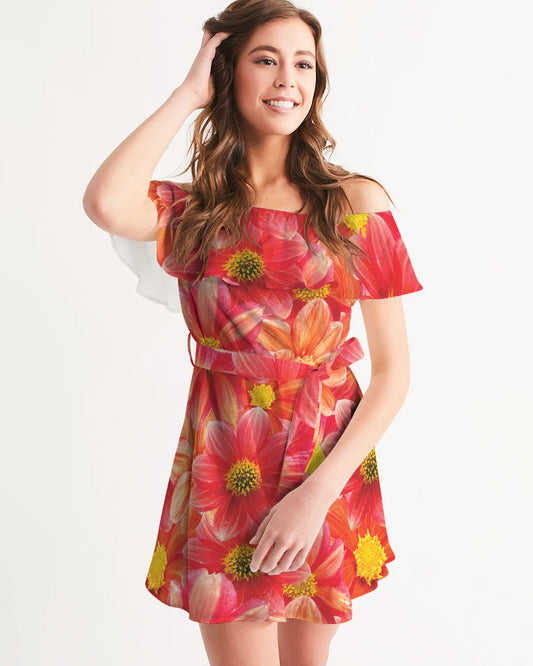 Beautiful blood orange flower design Women's All-Over Print Off-Shoulder Dress